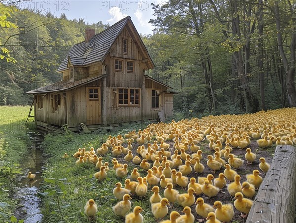 Numerous ducklings in front of a quaint wooden house by a pond amid greenery, AI generiert, AI generated