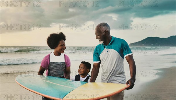 African family engaging in a warm conversation with a surfboard on the beach at sunset with grandpa, AI generated