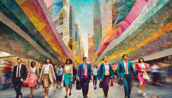 Abstract and colorful artwork of people intersecting on pathways in a dynamic cityscape, low poly style, AI generated