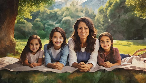 A family portrait with children and a smiling mother in an art style, surrounded by greenery, AI generated