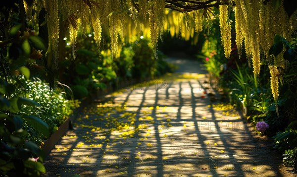 Laburnum flowers casting dappled shadows on a garden path AI generated