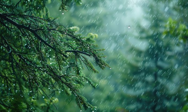 Closeup view on cedar branch in rain drops, bokeh background AI generated