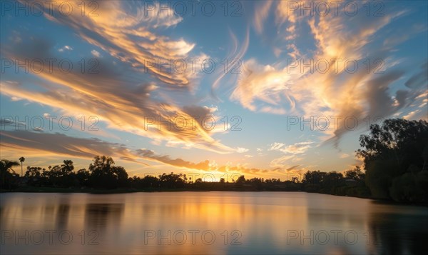 The sun peeking through a fluffy cumulus clouds, clouds reflected in water surface, sunset on the lake AI generated