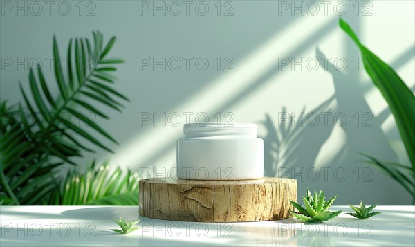 A blank jar mockup of aloe vera gel product placed atop a wooden produce podium AI generated