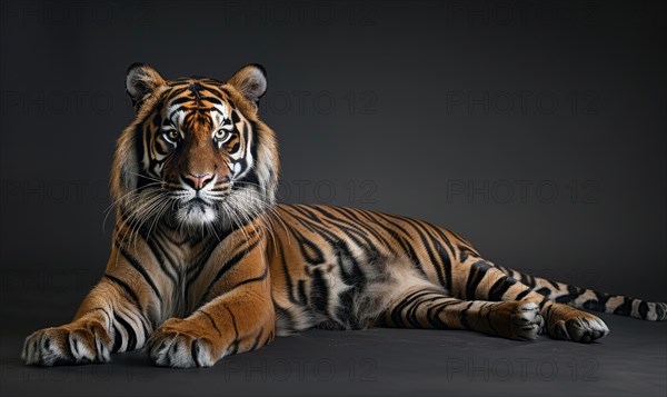 A Sumatran tiger lounging in a relaxed pose against a studio backdrop AI generated