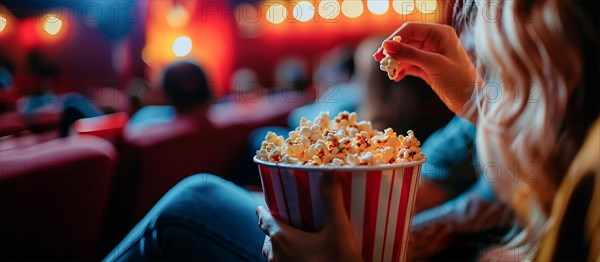 A woman sits in a movie theater, munching on popcorn from a red and white striped bucket. Generative AI, AI generated