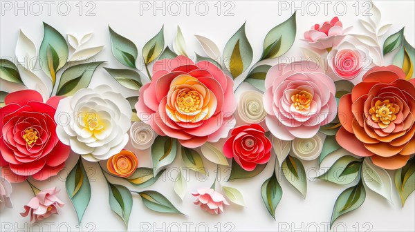 A stunning paper floral arrangement in pastel tones, showcasing roses and peonies in 3D art, ai generated, AI generated