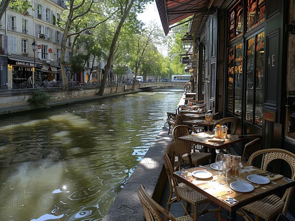 Strassencafe am Ufer eines ruhigen Kanals an einem sonnigen Tag, Lifestyle in Paris, Frankreich, AI generiert, AI generated