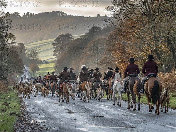 Traditional fox hunting with traditional clothing in England on horseback with dogs over hill and dale, AI generated