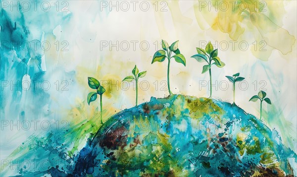 Vibrant watercolor painting of Earth with tree saplings growing on top AI generated