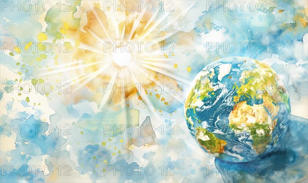 Watercolor illustration of the Earth globe with clouds and sun rays in the background AI generated