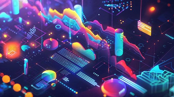 A vibrant 3D digital landscape with glowing neon colors and abstract shapes, ai generated, AI generated