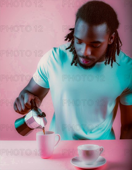 Person attentively pouring coffee from moka in a minimalist setting with a pastel pink backdrop, Vertical aspect ratio, AI generated