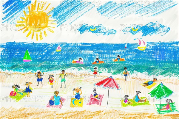 Beach scene bathing holiday by the sea, drawing with coloured pencils by a child of preschool age, primary school age, AI generated, AI generated, AI generated