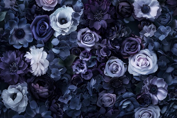 Moody and lush floral pattern with dark roses and anemones in purple and navy tones, illustration, AI generated