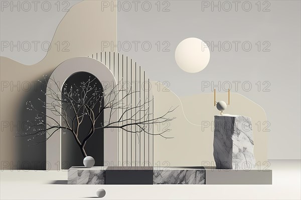 Modern abstract composition with minimalistic geometry and muted colors in a still life setting, illustration, AI generated
