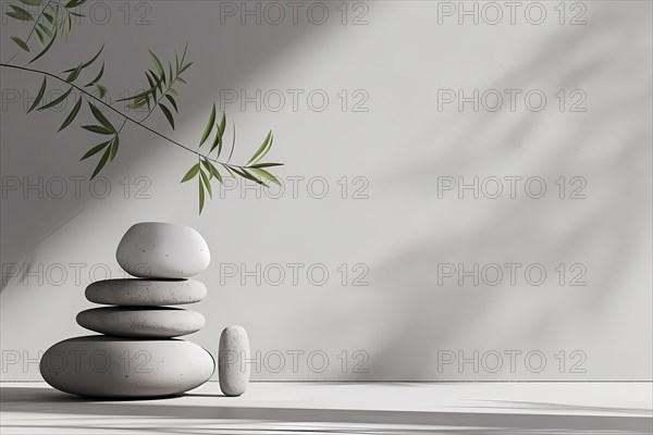 Minimalistic zen stones stacked with a white background casting soft shadows, illustration, AI generated