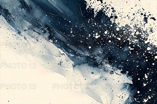 Dynamic abstract composition with splatters in monochrome blue, black, and white, illustration, AI generated