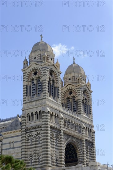 Marseille Cathedral or Cathedrale Sainte-Marie-Majeure de Marseille, 1852-1896, Marseille, View of two twin domes of a church under a cloudless sky, Marseille, Departement Bouches-du-Rhone, Region Provence-Alpes-Cote d'Azur, France, Europe