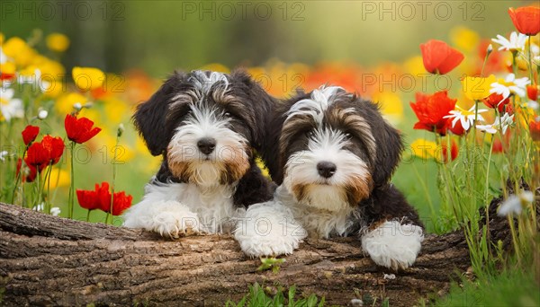 KI generated, animal, animals, mammal, mammals, bobtail, (Canis lupus familiaris), dog, dogs, bitch, dog breed from England, two puppies lying in a flower meadow