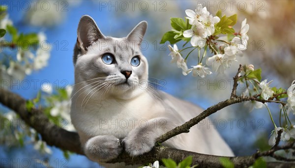 AI generated, animal, animals, mammal, mammals, cat, felidae (Felis catus), a cat resting on a tree, tree blossom, spring, summer