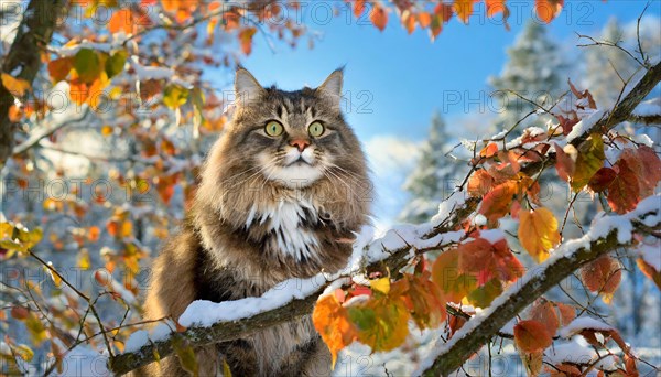 AI generated, animal, animals, mammal, mammals, cat, felidae (Felis catus), a colourful American Forest Cat, sitting in a tree, autumn, autumn leaves, snow, onset of winter