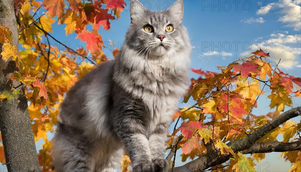 AI generated, animal, animals, mammal, mammals, cat, felidae (Felis catus), American Forest Cat, resting in a tree, autumn, autumn leaves