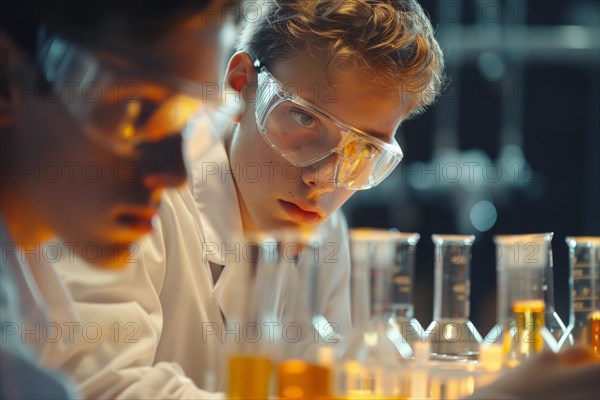 Pupils experimenting in a classroom with safety goggles, chemistry lessons, AI generated, AI generated, AI generated