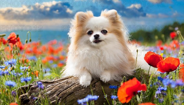 KI generated, animal, animals, mammal, mammals, one, single animal, dwarf spitz, Spitz, (Canis lupus familiaris), dog, dogs, bitch, Pomeranians, puppy, meadow, poppy and cornflowers