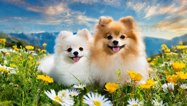 Ai generated, animal, animals, mammal, mammals, a, single animal, dwarf spitz, Spitz, (Canis lupus familiaris), dog, dogs, bitch, Pomeranians, bitch and puppy lying in a flower meadow