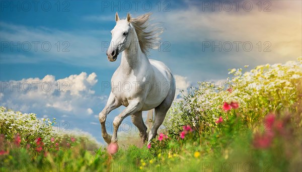 KI generated, A horse, horses, Arabian, in front of a blue sky, thoroughbred Arabian, AV, Arabian thoroughbred, (Eqqus ferus caballus), running in a meadow with colourful flowers