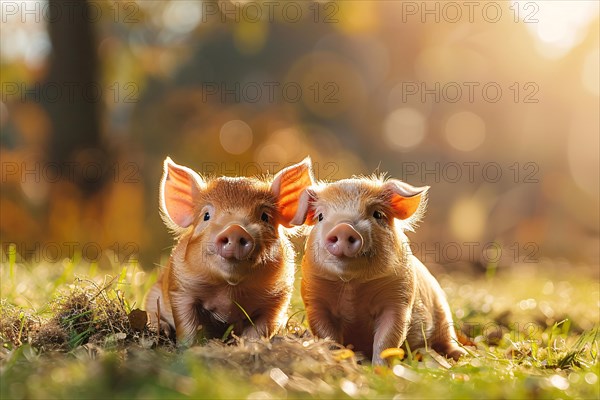 Pair of cute little piglets in grass. KI generiert, generiert, AI generated