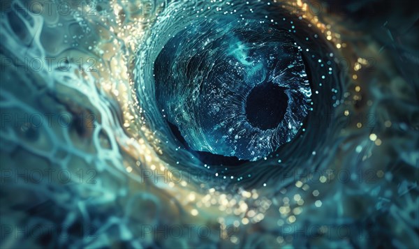 A swirling blue ice-themed artistic interpretation of a black hole's energy in the cosmos AI generated