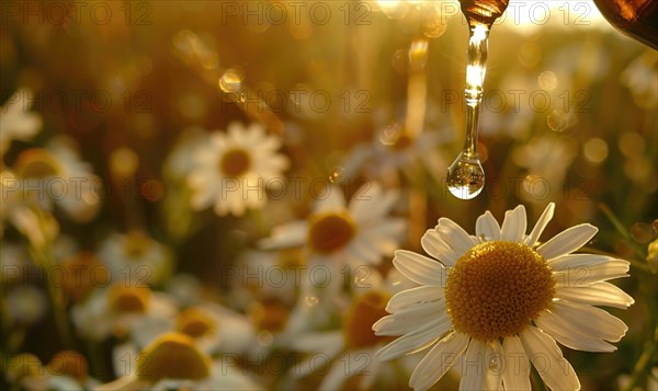 Chamomile essential oil and chamomile flowers closeup, skin care cosmetic concept AI generated