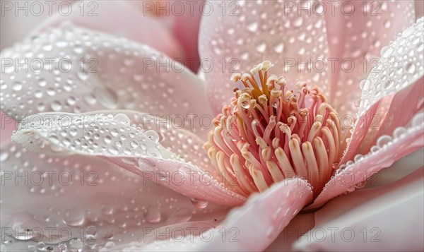 Magnolia blossom close-up with dewdrops glistening on the petals AI generated