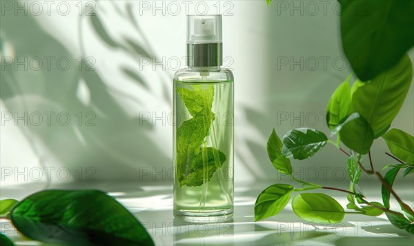 Transparent glass bottle mockup containing a rejuvenating green tea facial mist with a refreshing herbal scent AI generated