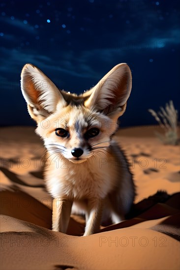 Fennec fox with perked ears traversing the saharan sands under moonlit, AI generated