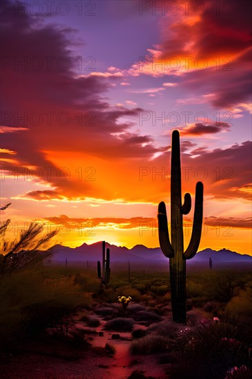 Saguaro cacti against the backdrop of a colorful sunrise sky, AI generated