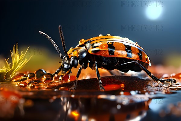 Namib desert beetle in morning fog water droplets on back survival adaptations, AI generated