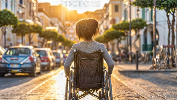 A solitary figure in a wheelchair on a cobbled street facing towards a sunrise in an urban environment, AI generated