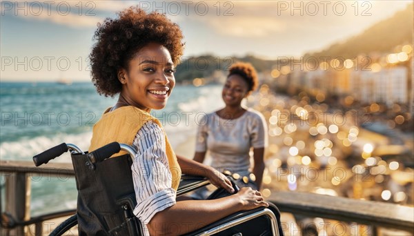 Two women enjoying a cheerful moment together, one in a wheelchair, by the ocean at dusk, AI generated