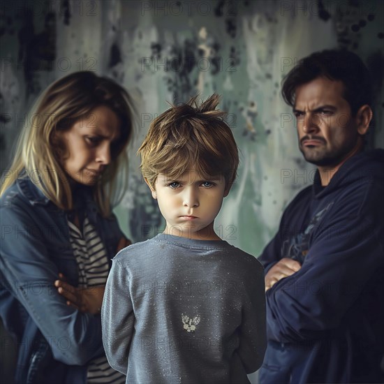 An unhappy child stands in front of his worried parents in a room with a weathered wall, AI generated