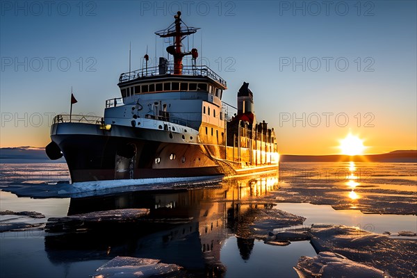 Icebreaker ship carving a path through thick ice of the polar region, AI generated