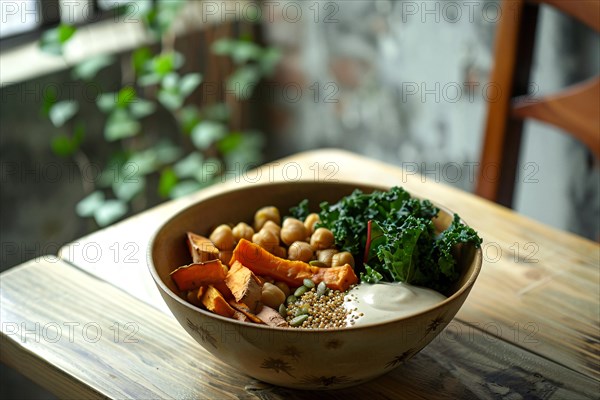 A nutritious bowl filled with chickpeas, sweet potatoes, and kale for a wholesome meal, AI generated