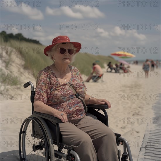 A woman in a wheelchair wears a summer hat and enjoys the day at the beach, KI generiert, AI generated