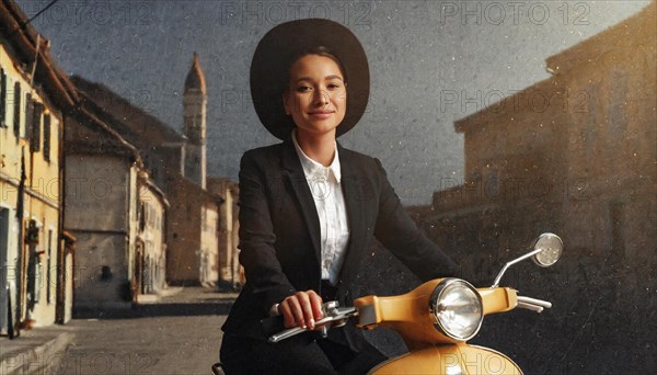 Tranquil woman riding a scooter at dusk in a historic town, wearing a hat, blurry moody landscaped background with bokeh effect, AI generated