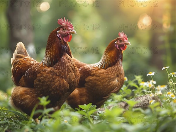 Two chickens standing on a log with a forest backdrop and sunlight filtering through, AI generiert, AI generated