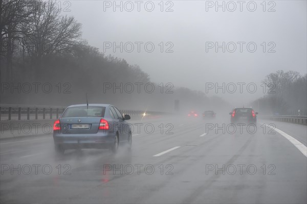 Poor visibility in the rain on the A 9 motorway, Thuringia, Germany, Europe