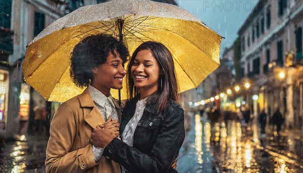 Romantic moment between two lesbian diverse women under a yellow umbrella on a rainy city street, AI generated
