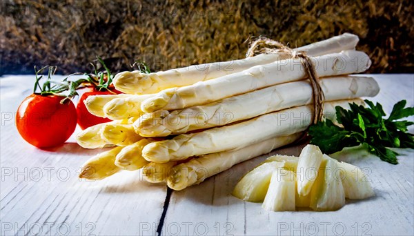 A bunch of fresh white asparagus on rustic wood, accompanied by tomato and cheese, fresh white asparagus, KI generated, AI generated